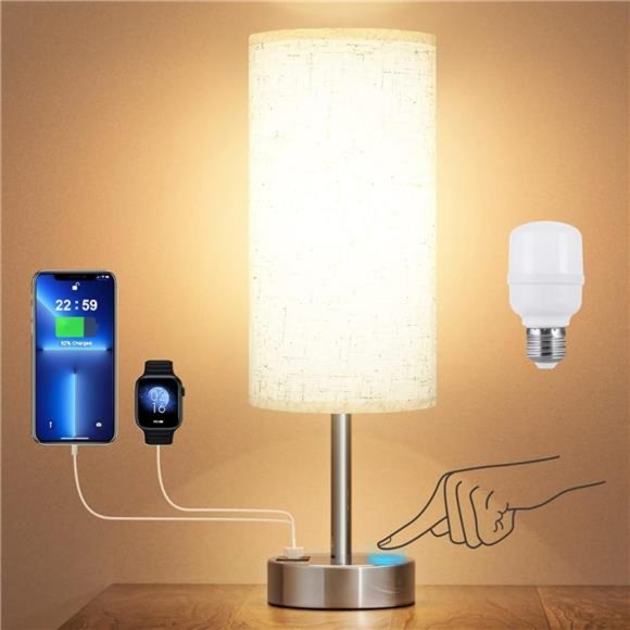 Touch Table Lamp for Bedroom Nightstand - Bedside Lamp with USB-C USB-A - Picture 1 of 6